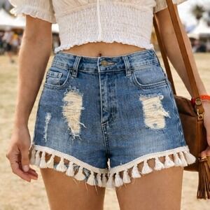 Forever 21 Women Denim Shorts Size Small Medium Wash Tassel Fringe Boho Festival